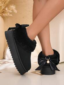 Solid Color Faux Fur Collar Bow Pearl Pendant Decor Faux Suede Platform Ankle Snow Boots Women - Black - View 3
