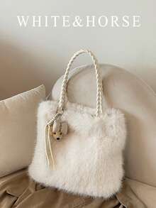 Women's Plush Tote Bag, Highly Attractive Shoulder Handbag, Fuzzy Fashionable Stylish Handbag - White - View 2