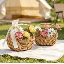 Handwoven Pearl Princess Flower Basket, Rattan Woven Storage Basket, Handheld Flower Basket, Handmade Flower Basket, Home & Wedding Decor - Multicolor - View 4
