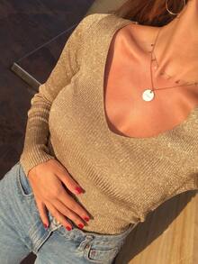 Women's Ribbed Knit V-Neck Long Sleeve Sweater, Gold Metallic Thread Pullover, Slim Fit Top, Autumn/Winter Outfit - Multicolor - View 3