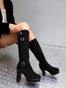 Women Knee High Boots Pull On Buckle Strap Block Heel Round Toe - Black - View 2