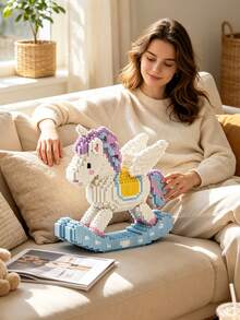 5800pcs Mini Particle Building Block Set, 2‑Styles Cartoon Bull & Unicorn Rocking Horse DIY Assembly Desk Ornament, Stress‑Relief Art Decor, Ideal Gift For Birthday & Holiday Home Tabletop Display - Multicolor - View 4