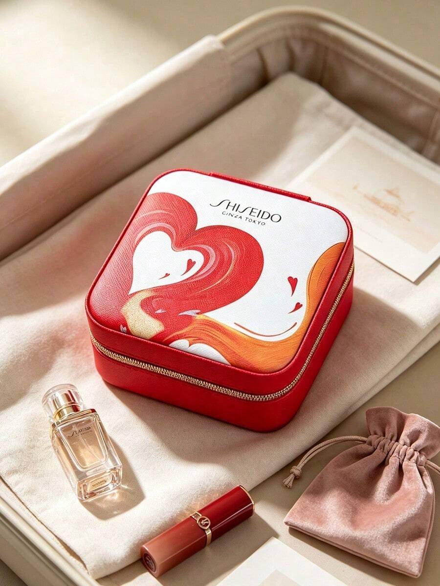 Shiseido Printed Zipper Jewelry Storage Box, Portable And Durable, Travel-Friendly Earring And Ring Organizer, Suitable For Personal Use And Gift Giving, SHISEIDO-GIFT-13 - Coral Orange - View 1