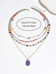 1 Set Bohemian Style Alloy Beaded Multi-Layer Necklace For Women, Vacation & Daily Wear, Multi-Color Stone Decor - Purple-n362 - View 4