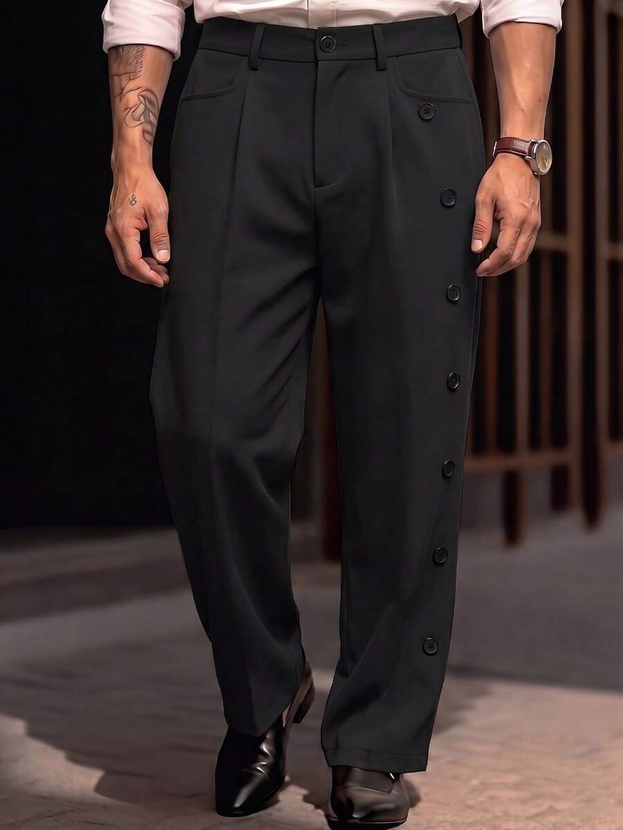 Men's Solid Color Casual Versatile Daily Travel Suit Pants - Black - View 1