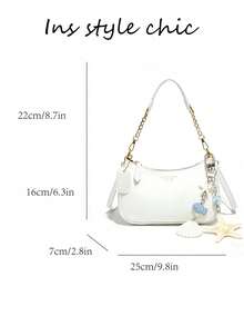 White Plain-Weave Women's Shoulder Bag  Attached Ocean-Themed Shell Pendant Design And Letter Decoration. - White - View 6