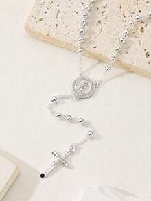 1pc Silver Handmade Beaded Necklace, Rosary Necklace, Suitable For Girls' Daily Or Holiday Occasions, Decoration, Gift - Silver - View 1