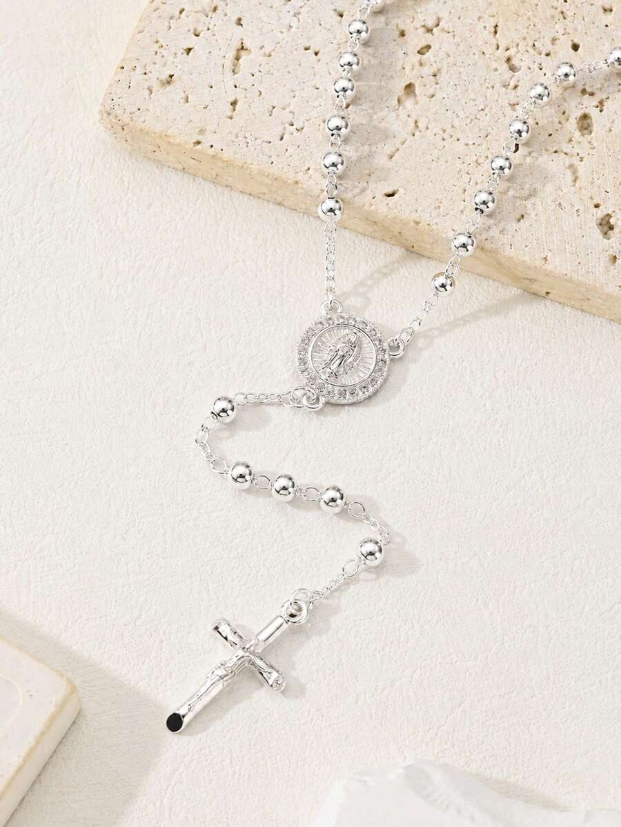 1pc Silver Handmade Beaded Necklace, Rosary Necklace, Suitable For Girls' Daily Or Holiday Occasions, Decoration, Gift - Silver - View 1