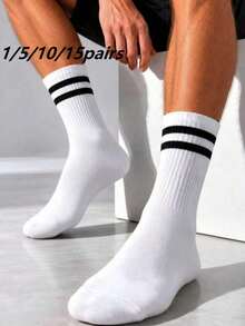1/5/10/15Pairs Men's Socks, American Style Moisture-Wicking Breathable Daily/Sports Mid-Calf Socks, Unisex Couple Style - White - View 11