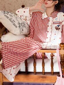 Gongdie 2 Pieces Disney Mickey Women's Pajama Set,Spring Fall Red Gingham Soft Cotton Loungewear With Pocket - Red - View 2