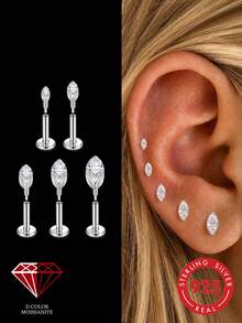 1pc Moissanite 925 Sterling Silver Marquise Shape 3/4/5/6/7mm Threaded Flat Back Piercing Stud Earrings, Suitable For Helix Cartilage, Wedding Gift - Silver - View 9