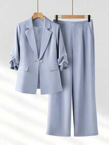 Women's Spring/Summer Light Commute Pleated Design 3/4 Sleeve Loose Single-Breasted One-Button Blazer With Real Pockets And Long Pants Set Fall - Dusty Blue - View 3