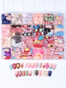 600pcs (24 Mixed Colors) Short Oval Y2K 3D Gel Colorful French Press-On Nails, With Star, Colorful Line, Heart, Polka Dot, Flower And Starfish Design, Popular Combination, Suitable For Acrylic Fake Nail Set, Suitable For Women's Daily And Party Use - Multicolor - View 3