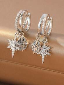 Minimalist Luxury Cross Starburst Double Layer Earrings, Silver Plated Wide Band Cubic Zirconia Hoop Earrings, Niche Design Office/Party Jewelry - Silver - View 3