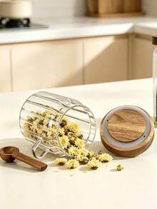 1pc Glass Jar Set With Wooden Lid And Spoon - Multi-Purpose Storage Container For Coffee, Candy, Tea, Snacks, Seasonings, Salt And Pepper - Hand Washable, Reusable, Round Flip Lid Jar, No Electricity Required - View 6