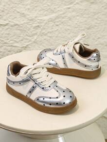 Girls' Silver White Polka Dot Colorblock Lace-Up Retro Rubber Sole Non-Slip Casual Sneakers - Silver - View 1
