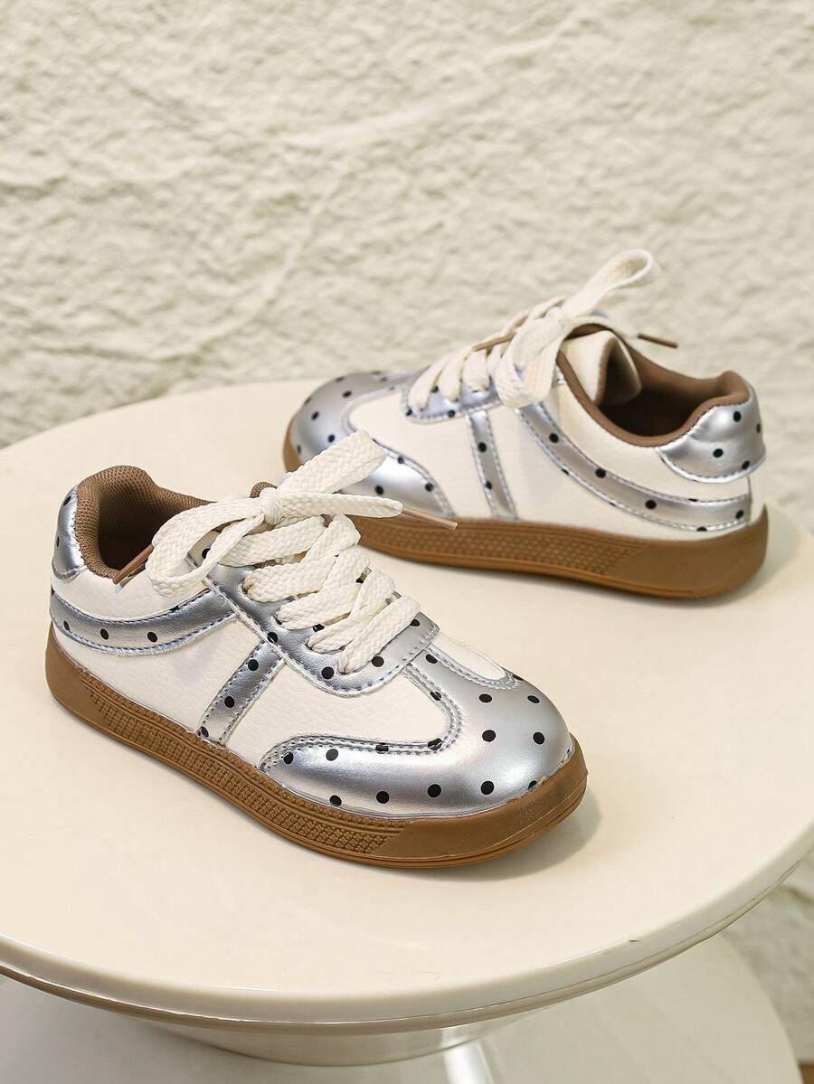 Girls' Silver White Polka Dot Colorblock Lace-Up Retro Rubber Sole Non-Slip Casual Sneakers - Silver - View 1