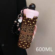 1PC 600ML Stainless Steel Thermal Cup With Leopard Print Label, Checkered Rabbit, And Checkered Little Bear Patterns, Double-Use Coffee Cup, Portable Straw Cup, Lanyard Thermal Cup, Suitable For Office, School, Or As A Gift For Holidays/Birthdays - Multicolor - View 4