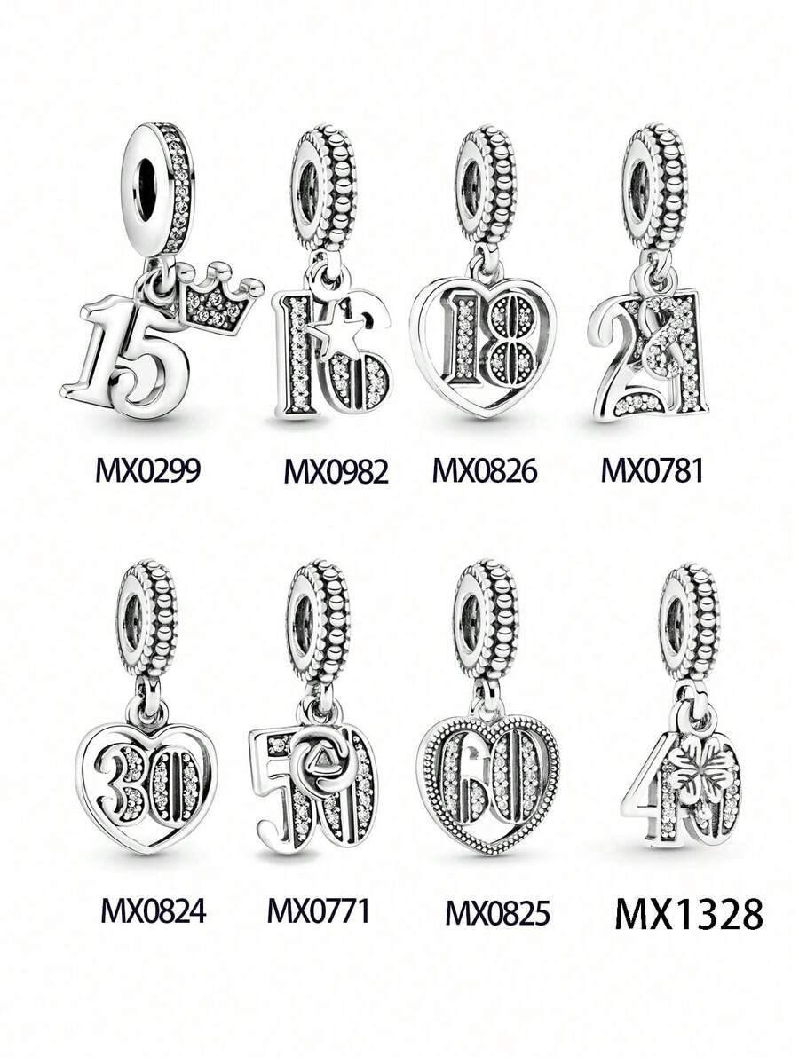 1pc Fashion Electroplated Silver Zirconia Inlaid Number Age 15&18&16&21&30&50&60&40&13 Pendant Birthday Gift For Family, Relatives And Friends - Number - View 1