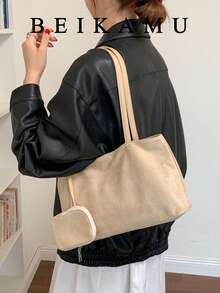 1pc Fashionable Minimalist Solid Color Large Capacity Tote Bag, Suede Versatile Shoulder Bag, Small Bag Attachment Design Underarm Bag, Suitable For University, Commuting, Shopping, Street Shopping, Daily Use - Khaki - View 2