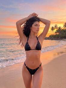 Women's Sexy Spaghetti Strap Tie Bikini Set, With Rivet Decor, High Elasticity 2 Pieces Swimwear Black Vacation Beach Summer - Black - View 2