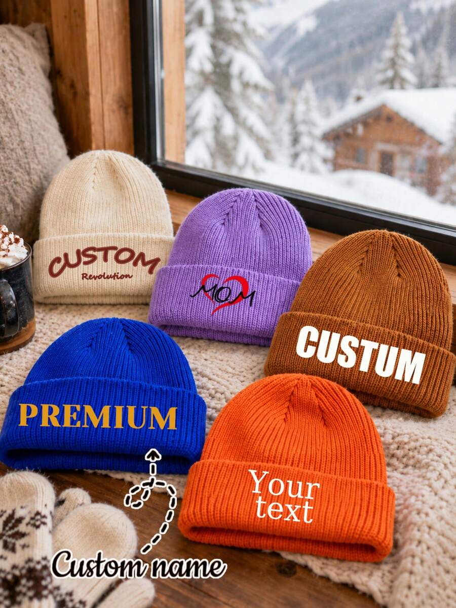 Personalized Embroidered Knit Hat, Customized Text Winter Knit Hat Warm, Customized Logo Solid Color Knit Hat Beanie, Daily Outdoor Autumn - Multicolor - View 1