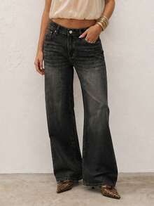 Women Mid‑Rise Vintage Washed Wide Leg Jeans, Dark Grey Loose Floor‑Length Denim Trousers, Retro Street Style For Casual Holiday Daily Outfits Boho - Grey - View 4