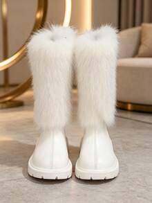 1 Pair Girls' Faux Fur High-Top Snow Boots, Solid Color PU Material, Round Toe, Elastic Soft Sole, Back Zipper Design, Fashion Princess Style, Warm Lining, Suitable For Daily Outdoor Wear, Autumn/Winter New Arrival - Beige - View 5