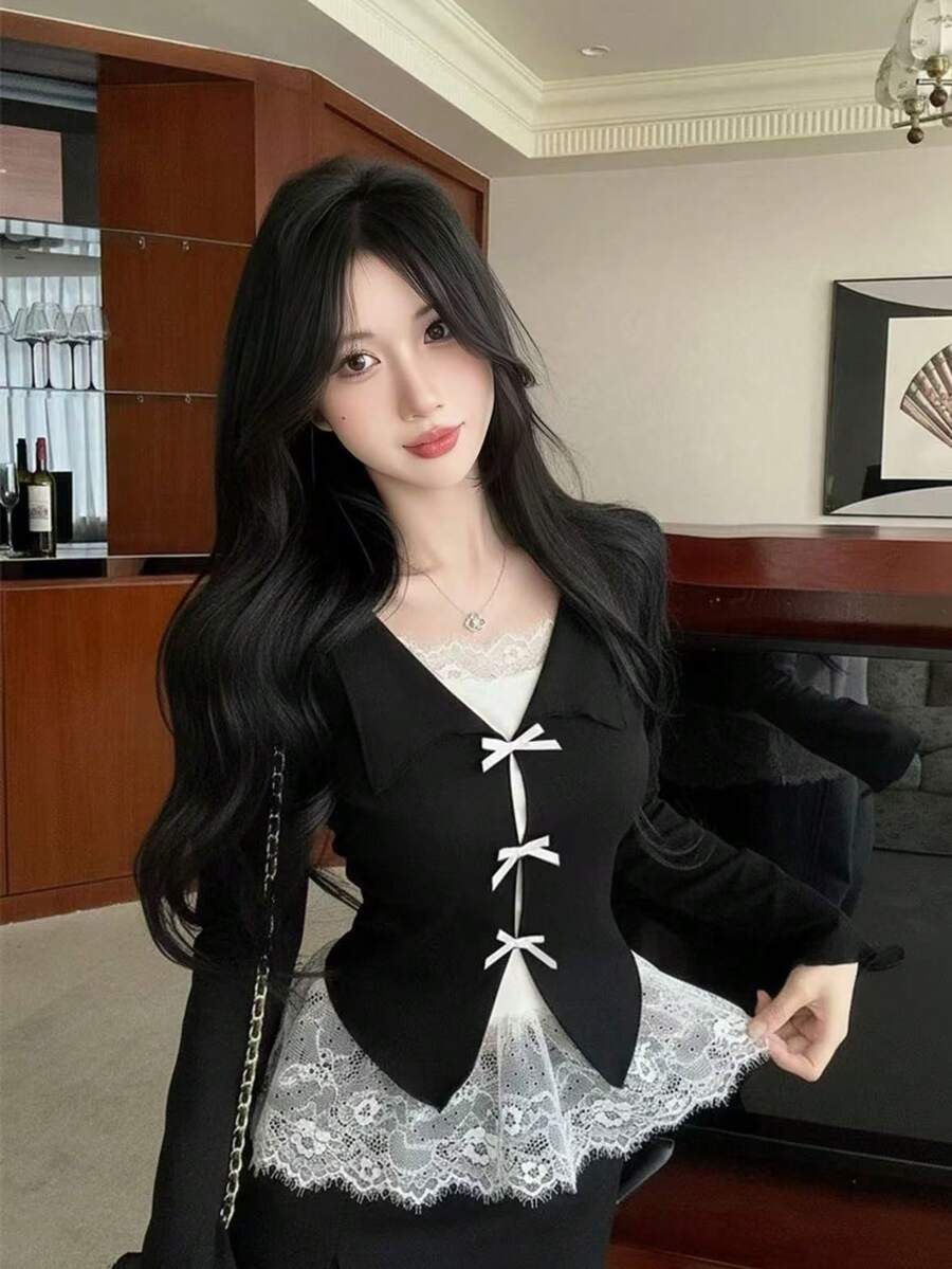 女款蕾絲拼接蝴蝶結修身長袖襯衫,春/秋季 - 黑色 - 查看 1