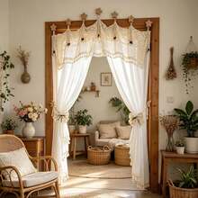 1pc Bohemian Style Crochet Lace Semi-Sheer Curtain With Tassel Tieback, American Country Style Translucent Archway Partition Curtain, Suitable For Hallway, Kitchen, Bedroom And Living Room Zoning - Beige - View 4