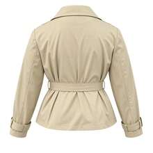 Plus Size Old Money Style Plus Size Friendly Short Trench Coat, Belted Double-Breasted Lightweight Spring/Autumn Jacket - Khaki - View 6