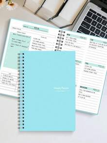 A5 Weekly Planner, Undated Spiral Bound Notebook, Silver Double Coil Binding, Dusty Blue Soft Cover, Large Capacity Writing Pages, Portable Journal Notebook, School And Office Supplies, Suitable For Back To School Student Study Plans, Homework Planning, Teacher Daily Records, Workplace Schedule Management, Gift For Students, Teachers, Colleagues, Friends - Blue - View 6