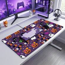 Halloween Style Purple Background Ghost Pattern Extra Long Gaming Mouse Pad And Desk Mat Set, Non-Slip Durable Rubber Base, Smooth Surface, Suitable For Computer Laptop Office Home, Abstract Art Decor, Back To School Supplies - A - View 2