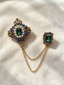 Vintage Royal Green Crystal Chain Double-Head Brooch, Elegant Lapel Brooch Accessory, Suitable For Party And Daily Wear, Women's Jewelry Gift - Ancient Gold - View 10