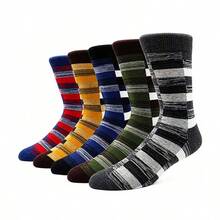 5 Pairs Men's Plus Size Mid-Calf Socks, Autumn/Winter Retro Striped Colorblock Sports Socks - Multicolor - View 7