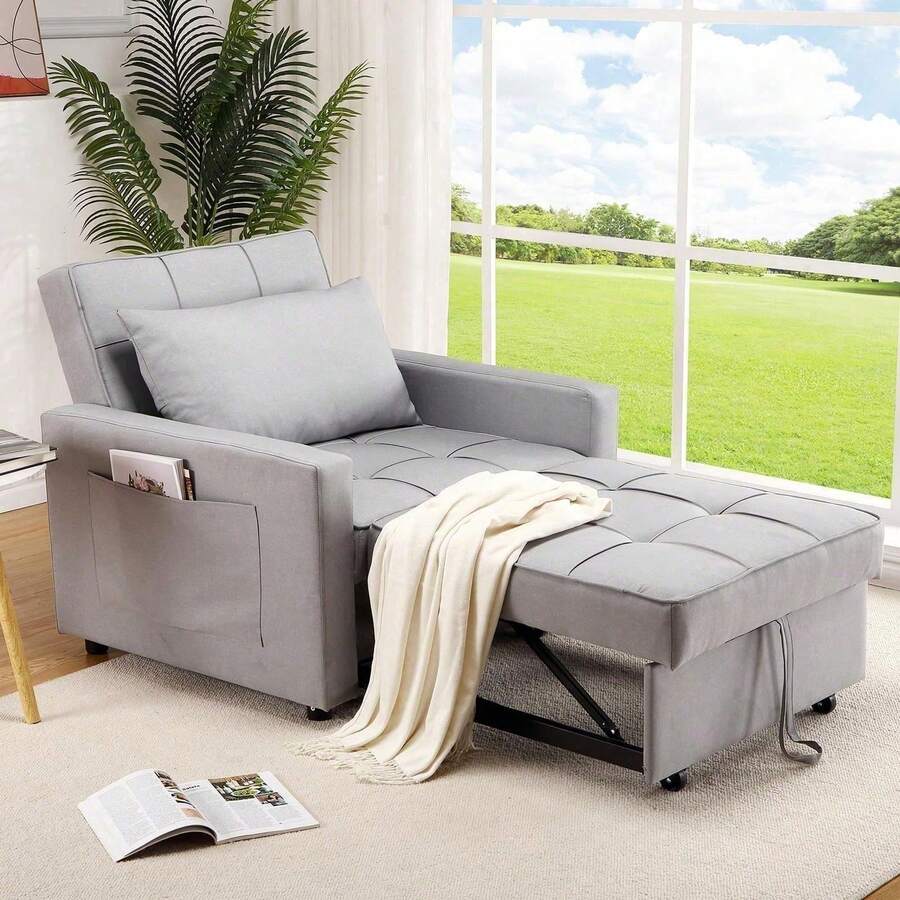 Sofá Cama 3 en 1 Plegable para salón – Respaldo Ajustable, tapizado en Lino, diseño Compacto con Bolsillos Laterales – Ideal para Invitados y Espacios reducidos – Color Gris Claro - Gris Claro - Ver 1