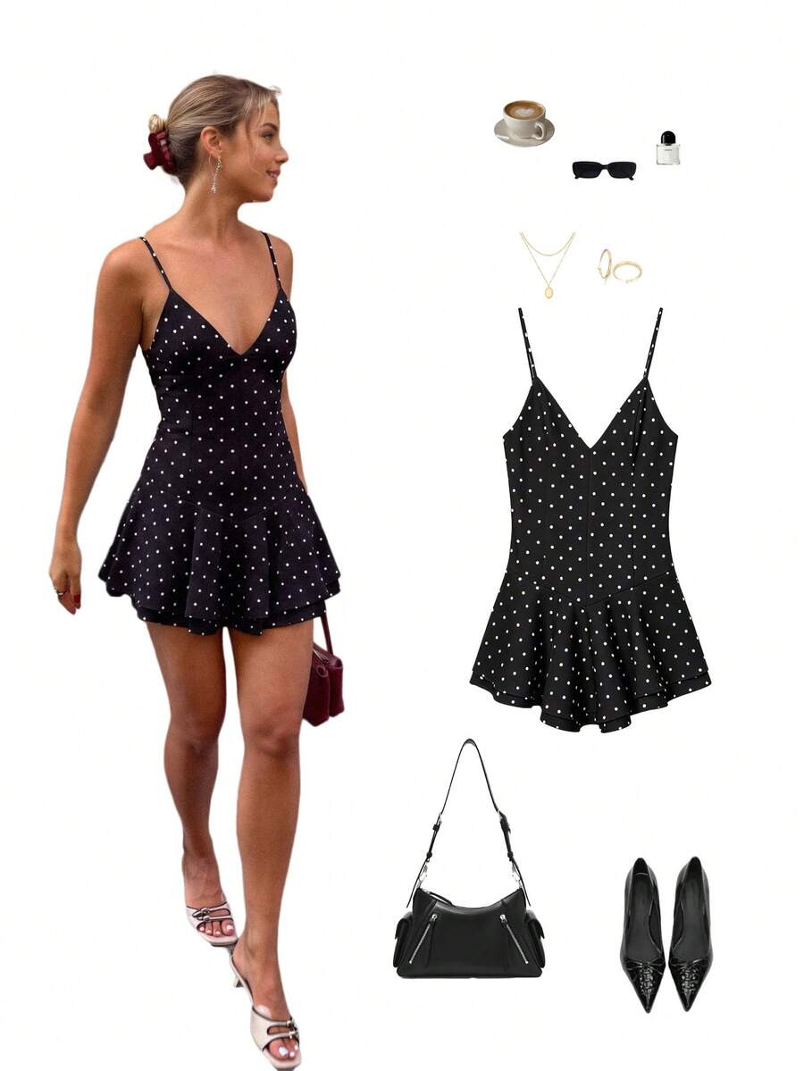 YROOE Women's Spring/Summer V-Neck Polka Dot Mini Dress, Double Layer Ruffle Hem Fitted A-Line Vacation Party Black Elegant - Black - View 1
