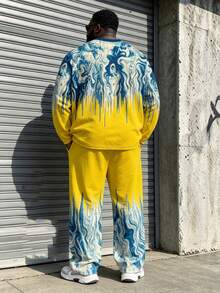 Plus Size Men's 2 Pieces Set, Men's Wide Leg Pants, Long Sleeve Graphic T-Shirt, Streetwear "Starry Sky Gradient Fluid Wave Tie-Dye Print" Pattern Outfit - Polyester Fabric, Drawstring, Pockets, Suitable For Plus Size - Yellow - View 4