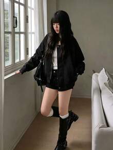 Women's Solid Color Casual Versatile Daily Wear Long Sleeve Jacket - Black - View 3