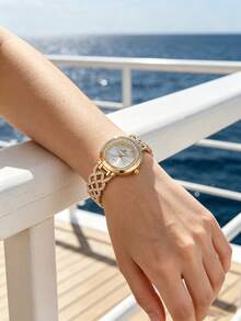 1pc Gold Women's Watch, Minimalist New Style, Rhinestone Embellished Elegant Fashion, Casual Versatile, Quartz Watch, Suitable For Daily Decoration - Gold - View 4