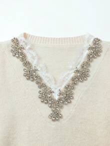 VIBEWAVE Loose V-Neck Lace Rhinestone Embellished Beige Knit Sweater, European And American Luxury Vacation Style Ruffle Long Sleeve Top, Soft Pullover For Spring And Autumn Beach Travel, Dating And Store Visiting - Apricot - View 7