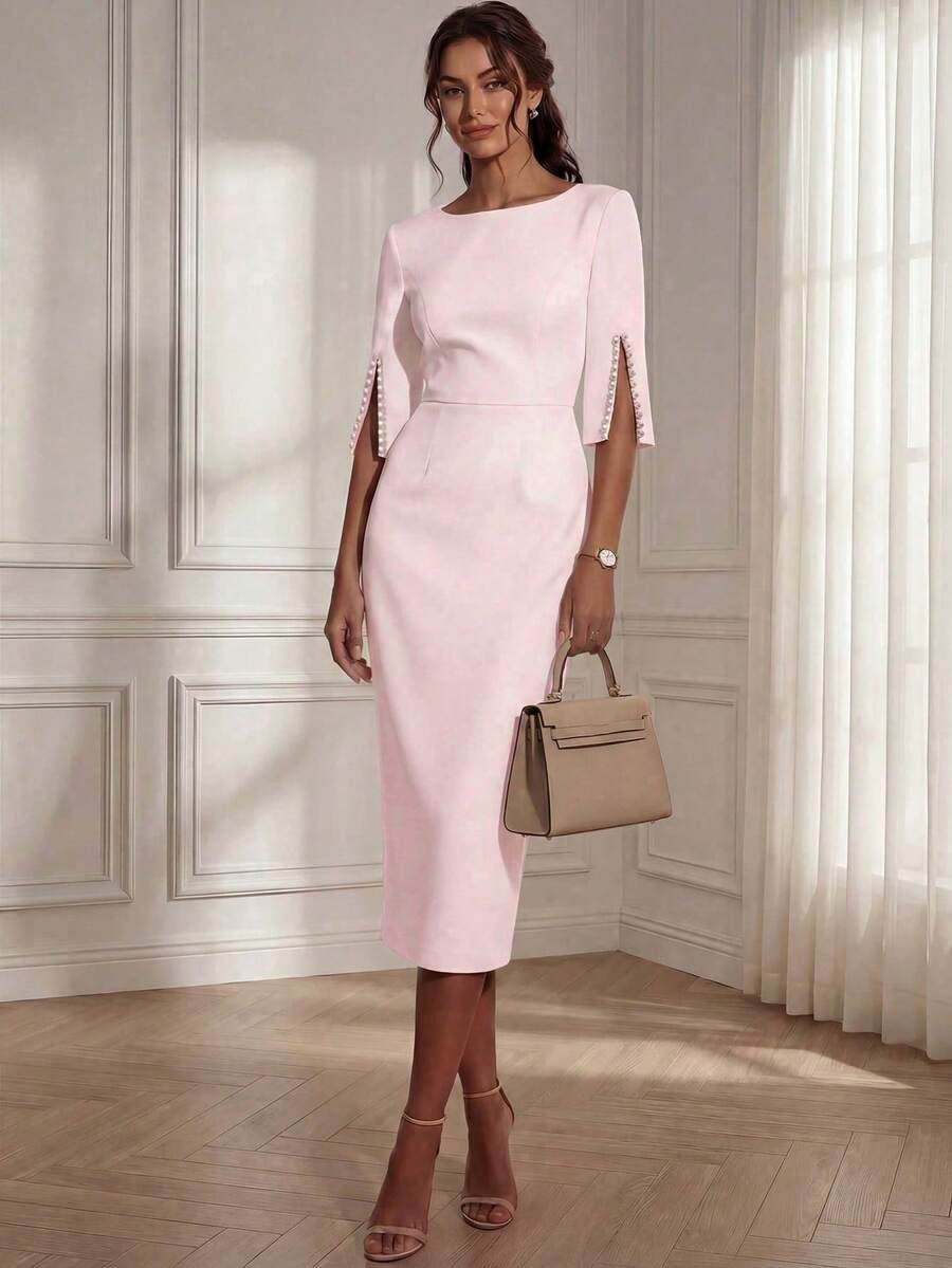 Solid Color Casual Elegant Retro French Style Waist Slimming Office Daily Date Commute Faux Pearl Decor Round Neck Dress, White Pink Summer - Pink - View 1