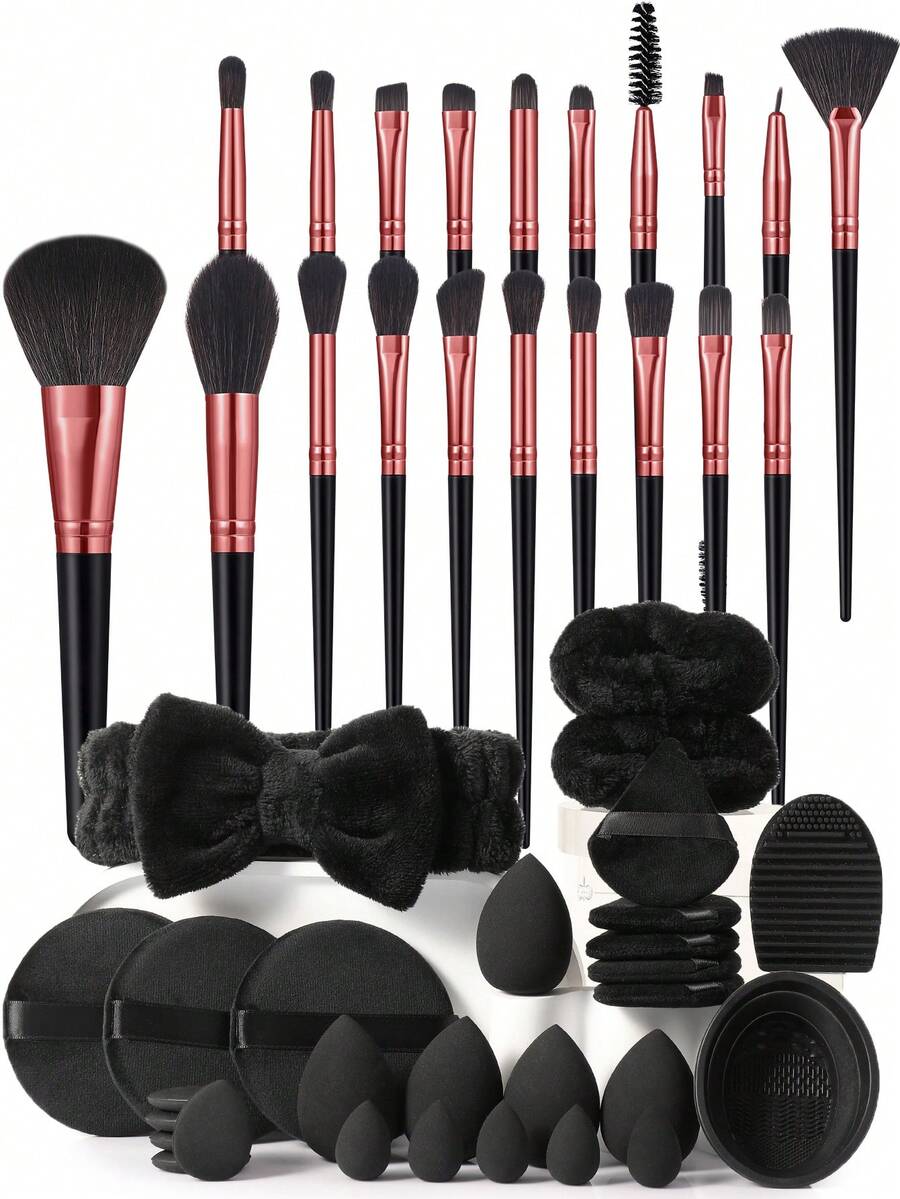 20/28/48Pcs Total Makeup Tool Kit,20PcsProfessional MakeupBrushes Set,Multi‑Size Cosmetic Sponges,Assorted Powder Puffs,Hair Band,Brush Cleaning Mat &Bowl,Complete Cosmetic Applicator Tools For Foundation,Concealer,Eyeshadow Daily Face Makeup - Black - View 1
