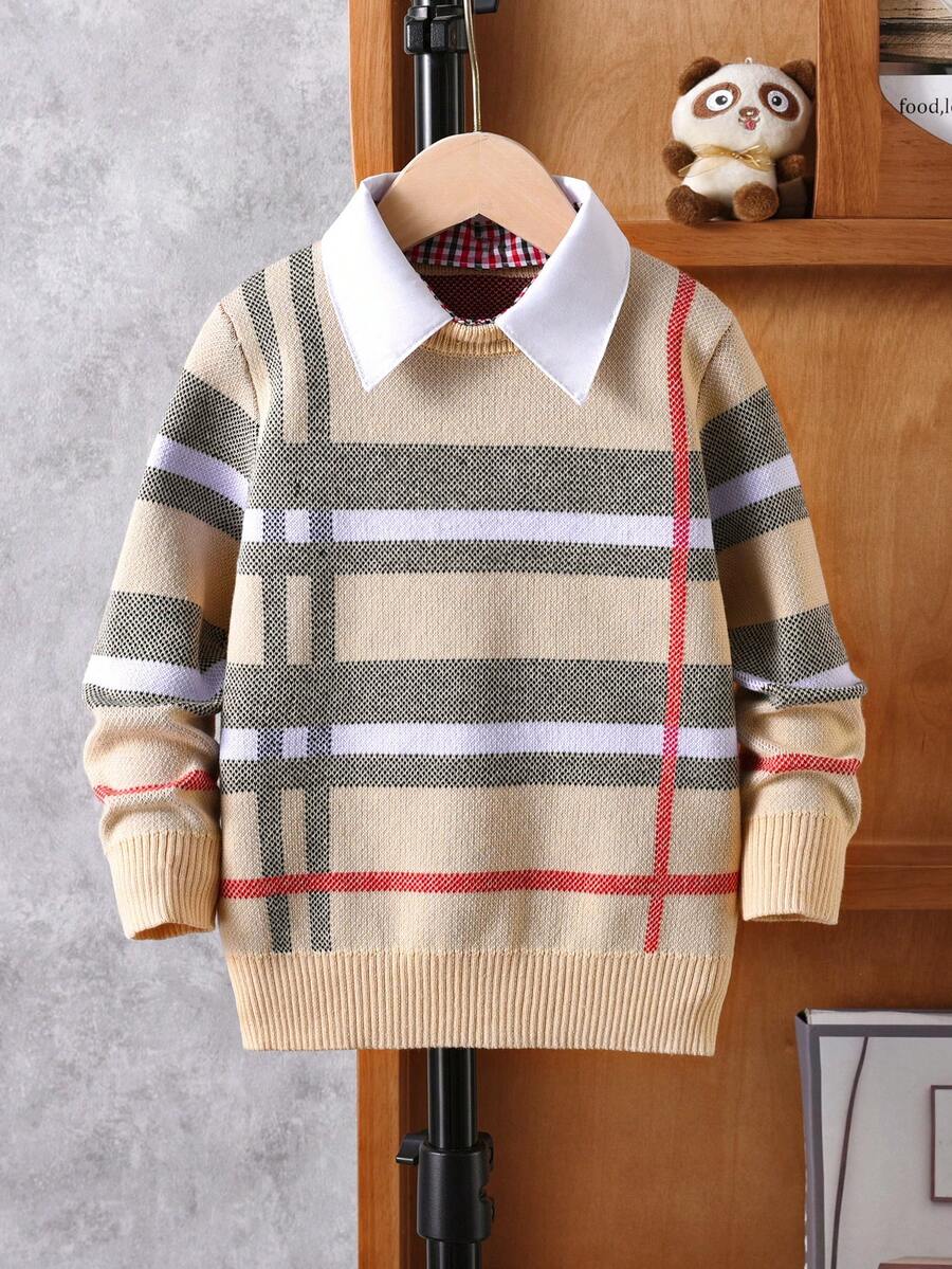Tween Boys' Preppy Striped Detachable Shirt Collar Sweater, 2-In-1 Knit Pullover, Suitable For School Daily Wear, Spring, Autumn, Winter - Apricot - View 1