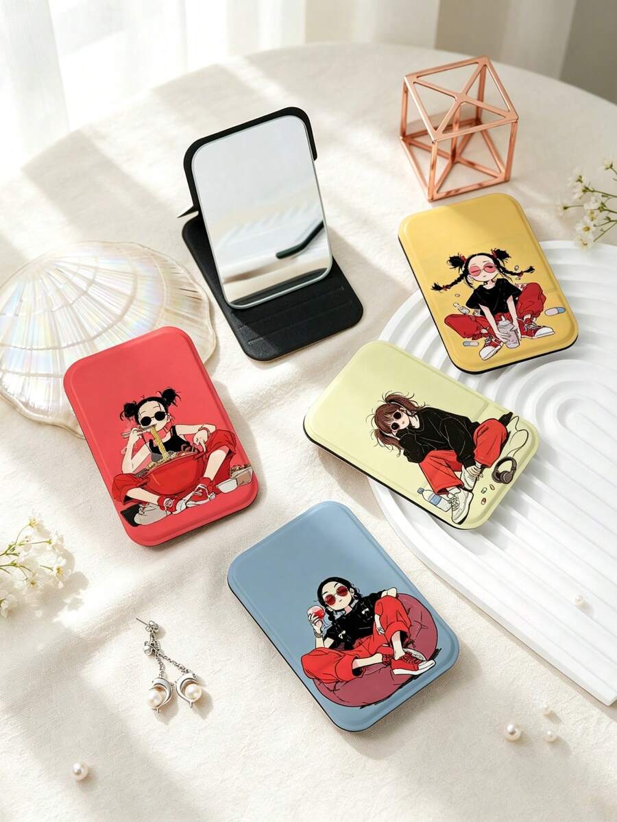 1PC INS Portrait Series Portable Folding Makeup Mirror, Ultra-Thin Lightweight Convenient Durable PU Leather, Suitable For Various Occasions Travel Party Work School, Suitable For All Ages - Multicolor - View 1