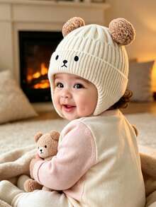 1pc Infant Ribbed Knitted Earflap Beanie , Cute Double Pom Pom Bear Ear Decor Winter Warm Toddler Hat Suitable For 1-3 Years Old Outdoor Use - Multicolor - View 7
