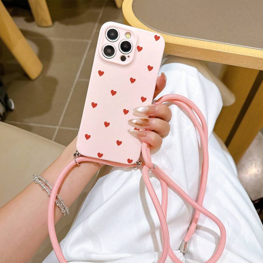 Convenient Lanyard Phone Case With Multifunctional Adjustable Lanyard And Crossbody Strap, Eye-Catching Pink And Red Small Heart Design, Easy And Convenient TPU Shockproof Protective Shell For Apple Phones - Multicolor - View 1