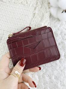 Fashionable Stone Patterned Women's Credit Card Bag, Zipper Closure Portable Cash, Credit Card, Coin Pocket Card Bag, Suitable For Outdoor And Travel - Burgundy - View 9