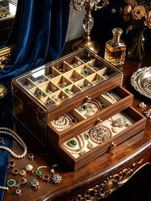 1pc Acrylic Walnut Wood Grain Jewelry Box, Wear-Resistant Acrylic Shell, Dust-Proof Visible Crystal Handle, Home Storage, Bracelet, Gift Choice, Wear-Resistant Texture, Layered, Partitioned, Large Storage, Necklace, Ring, Earring, Scratch-Resistant, Dust-Proof - Multicolor - View 3