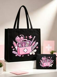 Pink Medical-Themed Linen Button Tote Bag & Makeup Bag Set, Includes Large & Small Wallet, Handbag, Coin Purse, Card Holder; Also Comes With Reusable Burlap Shopping Bag, Portable Travel Beach Bag (Matches Makeup Bag), Portable Book Storage Handbag, Women's Bags, Christmas, Halloween, Teacher's Day Gifts, Suitable For Back To School, Beach Trips, Travel, Vacation And Leisure - Multicolor - View 13